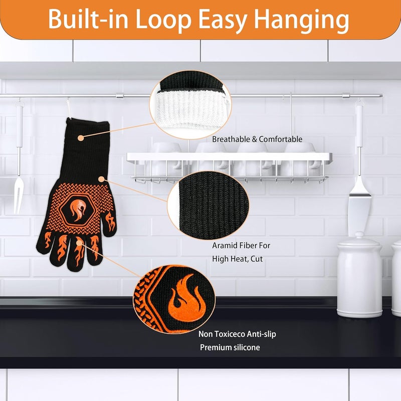 DKHDBD BBQ Fireproof Gloves, Grill Cut-Resistant Gloves 1472°F Heat Resistant Gloves, Non-Slip Silicone Oven Gloves, Kitchen Safe Cooking Gloves for Oven Mitts,Barbecue,Cooking, Frying,13.5 Inch-Orange - Image 3